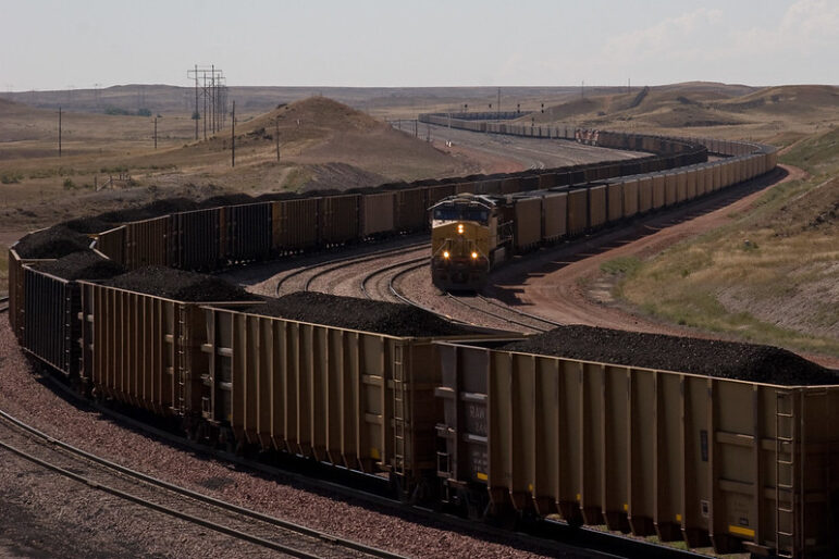 Coal trains in the US state of Wyoming.