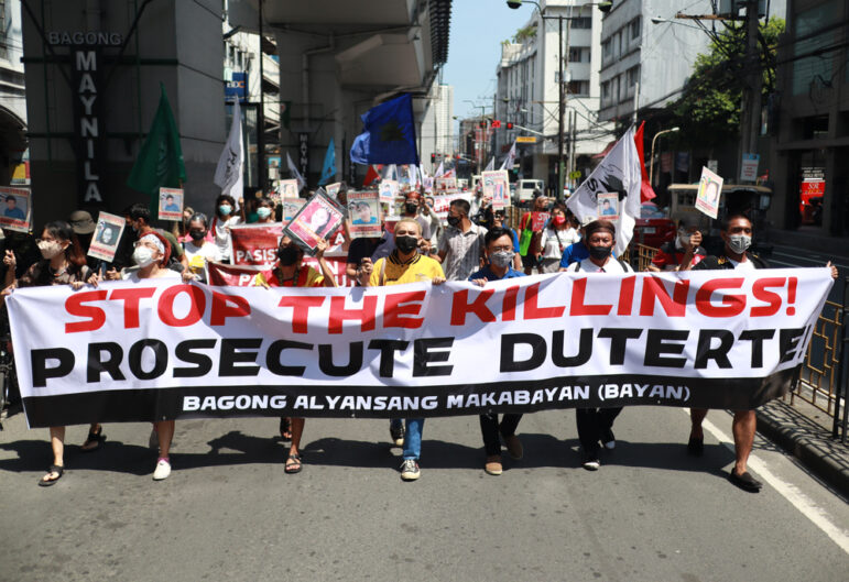 A protest in Manila calling for the prosecution of President Rodrigo Duterte for the murder of alleged drug traffickers